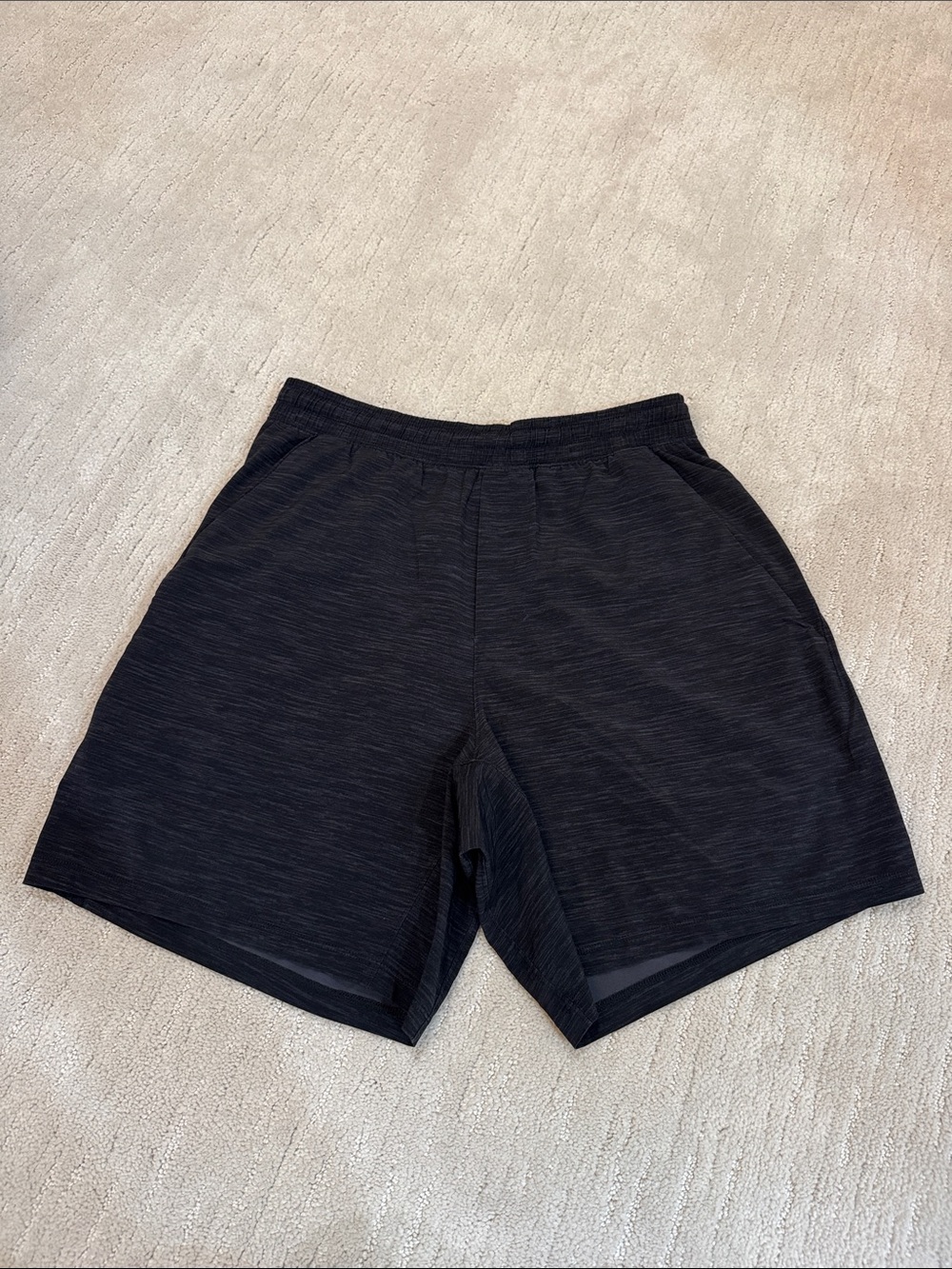 lululemon Heathered Black Men's Linerless Pace Breaker Shorts 7” inseam